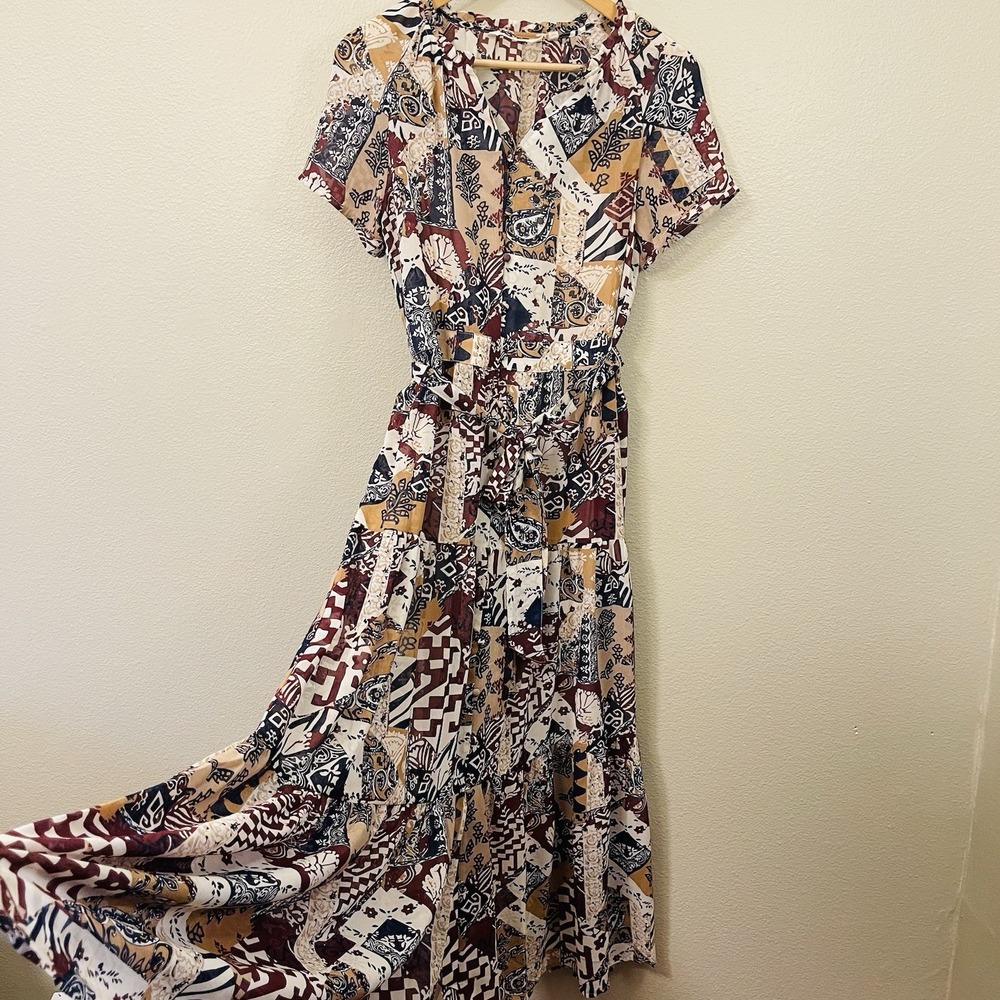 Soft Surroundings Hailey Patchwork Maxi Dress Sheer Slip Tiered Boho‎ Fall Sz S